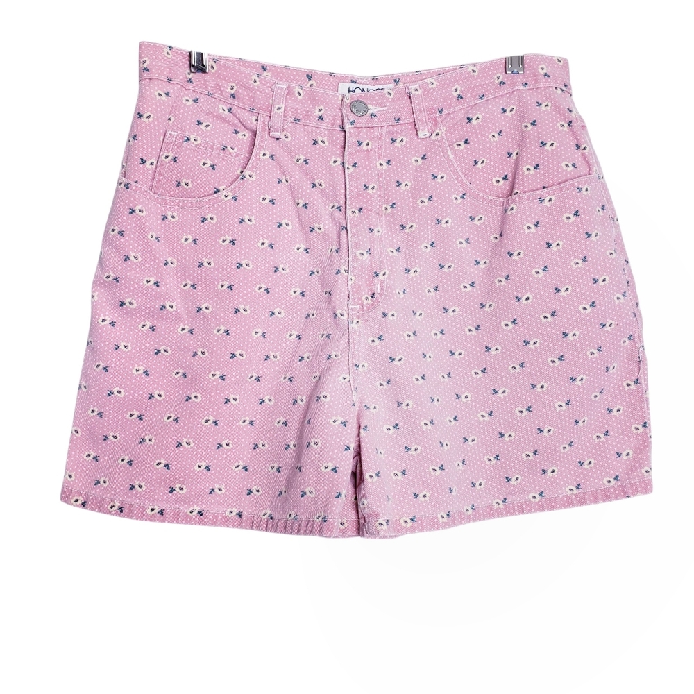 Vintage Honors Pink Floral Polka Dot Cotton Denim Jean Shorts Women's Size 14